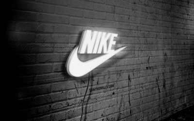 logotipo de neón de nike, 4k, pared de ladrillo negro, arte grunge, creativo, marcas de moda, logotipo en el cable, logotipo blanco de nike, logotipo de nike, obras de arte, nike