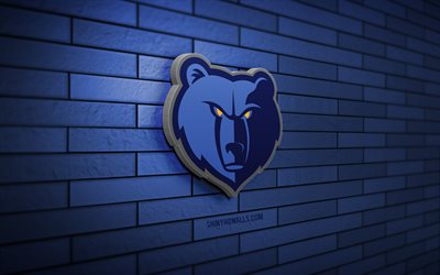 logo memphis grizzlies 3d, 4k, mur de briques bleu, nba, basket-ball, logo memphis grizzlies, équipe américaine de basket-ball, logo de sport, memphis grizzlies