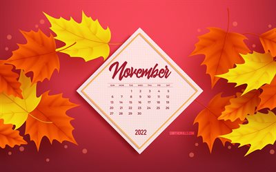 calendario de noviembre de 2022, 4k, fondo de otoño burdeos, conceptos de otoño, otoño de 2022, noviembre, calendarios de otoño