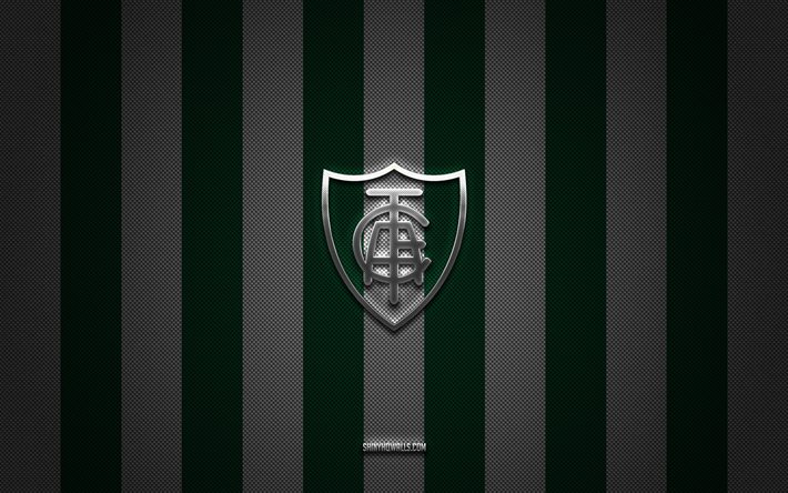 américa mineiro logotipo, brasileiro de clubes de futebol, brasileiro serie a, verde branco de carbono de fundo, américa mineiro emblema, futebol, américa mineiro, brasil, américa mineiro logotipo de metal prateado