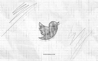 Twitter sketch logo, 4K, checkered paper background, Twitter black logo, social networks, logo sketches, Twitter logo, pencil drawing, Twitter