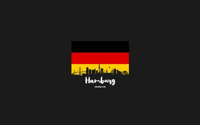 4k, 함부르크, 독일 국기, 함부르크 스카이 라인, 독일 도시들, 함부르크 미니멀 아트, 함부르크의 날, 함부르크 스카이 라인 실루엣, 함부르크 도시 풍경, 나는 함부르크를 사랑한다, 독일, 회색 배경