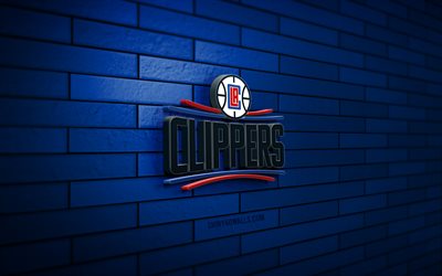 los angeles clippers logotipo 3d, 4k, azul brickwall, nba, basquete, los angeles clippers logotipo, time de basquete americano, logotipo esportivo, los angeles clippers, la clippers