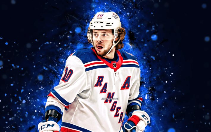 Artemi Panarin, 4k, blue neon lights, New York Rangers, NHL, hockey, New York Rangers 4K, blue abstract background, Artemi Panarin New York Rangers, NY Rangers