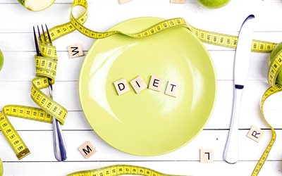 다이어트 개념, 노란색 측정 테이프, 체중 감량, 녹색 접시, 다이어트, 적절한 영양, 슬리밍