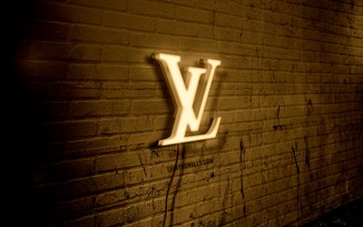 Louis Vuitton neon logo, 4k, brown brickwall, grunge art, creative, fashion brands, logo on wire, Louis Vuitton brown logo, Louis Vuitton logo, artwork, Louis Vuitton