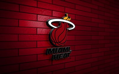 miami heat 3d logosu, 4k, mor brickwall, nba, basketbol, miami heat logosu, amerikan basketbol takımı, spor logosu, miami heat