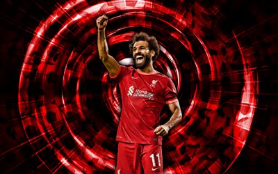 Mohamed Salah, 4k, Liverpool FC, red abstract background, Premier League, soccer, egyptian footballers, Mohamed Salah 4K, abstract rays, Mo Salah, football, Mohamed Salah Liverpool