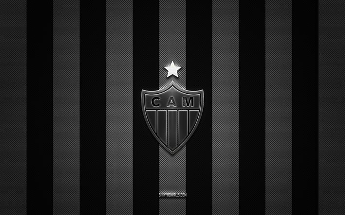 logotipo del atlético mineiro, club de fútbol brasileño, serie a brasileña, fondo de carbono blanco negro, emblema del atlético mineiro, fútbol, atlético mineiro, brasil, logotipo de metal plateado del atlético mineiro