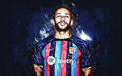 Memphis Depay, FC Barcelona, Dutch football player, portrait, La Liga, blue stone background, football, Catalonia, Depay Barca