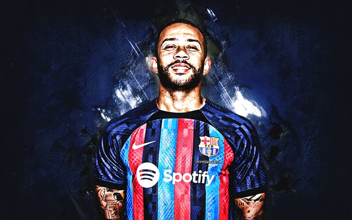 Memphis Depay, FC Barcelona, Dutch football player, portrait, La Liga, blue stone background, football, Catalonia, Depay Barca
