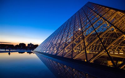 루브르 박물관, 4k, 야경, 파리의 랜드마크, 유럽, 프랑스, 파리, 밤의 루브르 박물관, 파리 풍경