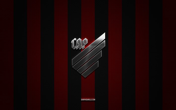 athletic paranaense-logo, brasilianischer fußballverein, brasilianische serie a, roter schwarzer kohlenstoffhintergrund, athletic paranaense-emblem, fußball, athletic paranaense, brasilien, athletic paranaense-silbermetalllogo