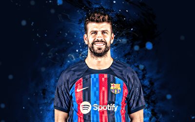 Gerard Pique, 4k, blue neon lights, FC Barcelona, soccer, spanish footballers, Gerard Pique 4K, Barca, blue abstract background, football, Gerard Pique Barcelona, FCB