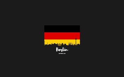 4k, ベルリン, ドイツの旗, ベルリンのスカイライン, ドイツの都市, ベルリンのミニマル アート, ベルリンの日, ベルリンのスカイライン シルエット, ベルリンの街並み, ベルリンが大好き, ドイツ, 灰色の背景