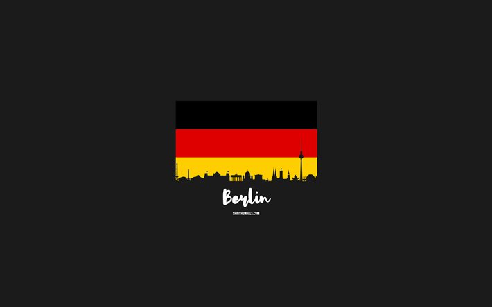 4k, berlino, bandiera della germania, skyline di berlino, città tedesche, arte minimale di berlino, giorno di berlino, sagoma dello skyline di berlino, paesaggio urbano di berlino, amo berlino, germania, sfondo grigio