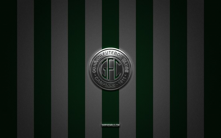 logotipo de guarani fc, club de fútbol brasileño, serie b de brasil, fondo de carbono blanco verde, emblema de guarani fc, fútbol, guarani fc, brasil, logotipo de metal plateado de guarani fc