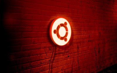 logo al neon di ubuntu, 4k, muro di mattoni viola, arte del grunge, linux, creativo, logo su filo, logo viola di ubuntu, logo di ubuntu, ubuntu linux, grafica, ubuntu