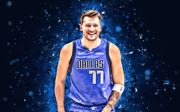 Luka Doncic, 4k, blue neon lights, Dallas Mavericks, NBA, basketball, Luka Doncic 4K, blue abstract background, Luka Doncic Dallas Mavericks