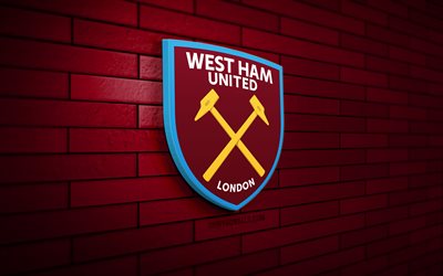 west ham united 3d-logo, 4k, lila brickwall, premier league, fußball, englischer fußballverein, west ham united-logo, west ham united-emblem, west ham united, sportlogo, west ham united fc