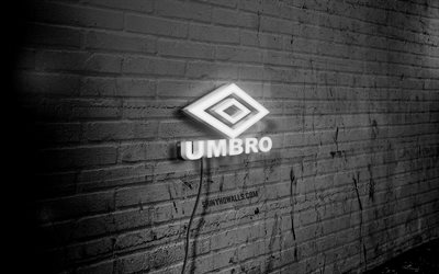 Umbro neon logo, 4k, black brickwall, grunge art, creative, fashion brands, logo on wire, Umbro white logo, Umbro logo, artwork, Umbro