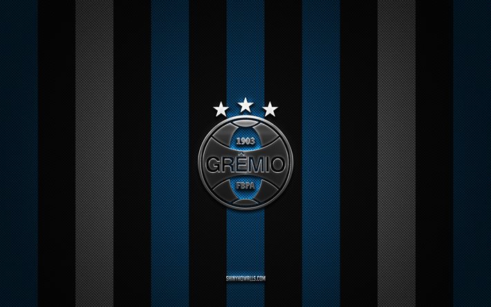 gremio-logo, brasilianischer fußballverein, brasilianische serie b, blau-weißer karbonhintergrund, gremio-emblem, fußball, gremio, brasilien, silbernes metalllogo von gremio