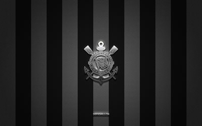 コリントのロゴ, ブラジルのサッカークラブ, ブラジルのセリエ a, ブラック ホワイト カーボンの背景, コリントの紋章, フットボール, コリント人, ブラジル, コリンチャンスシルバーメタルロゴ, コリンチャンス・パウリスタ