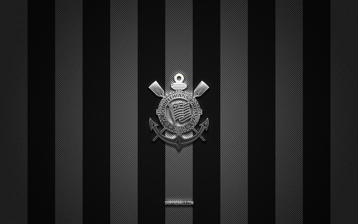 Corinthians logo, Brazilian football club, Brazilian Serie A, black white carbon background, Corinthians emblem, football, Corinthians, Brazil, Corinthians silver metal logo, Corinthians Paulista