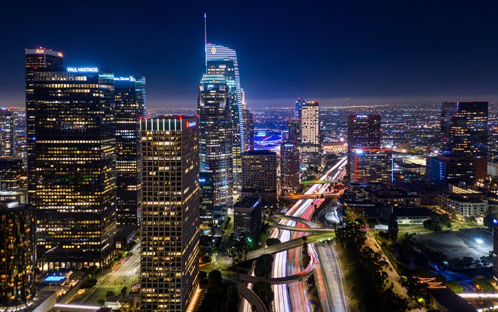 لوس أنجلوس, 4k, مشاهد ليلية, أفق مناظر المدينة, مباني حديثة, وسط البلد, المدن الأمريكية, الولايات المتحدة الأمريكية, أمريكا, لوس أنجلوس بالليل, بانوراما لوس أنجلوس, مدينة لوس أنجلوس