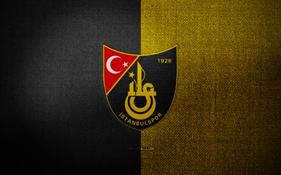 イスタンブールスポルのバッジ, 4k, 黒黄色の布の背景, スーパーリグ, イスタンブールスポルのロゴ, イスタンブールスポルのエンブレム, スポーツのロゴ, トルコのサッカークラブ, イスタンブールスポル, サッカー, フットボール, イスタンブールスポル fc