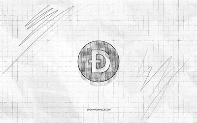 dogecoin スケッチ ロゴ, 4k, 市松模様の紙の背景, dogecoin 黒のロゴ, 暗号通貨, ロゴスケッチ, ドージコインのロゴ, 鉛筆画, ドージコイン