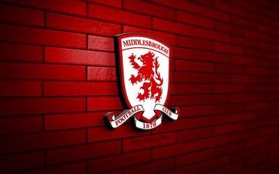Middlesbrough FC 3D logo, 4K, red brickwall, Championship, soccer, english football club, Middlesbrough FC logo, Middlesbrough FC emblem, football, Middlesbrough, sports logo, Middlesbrough FC