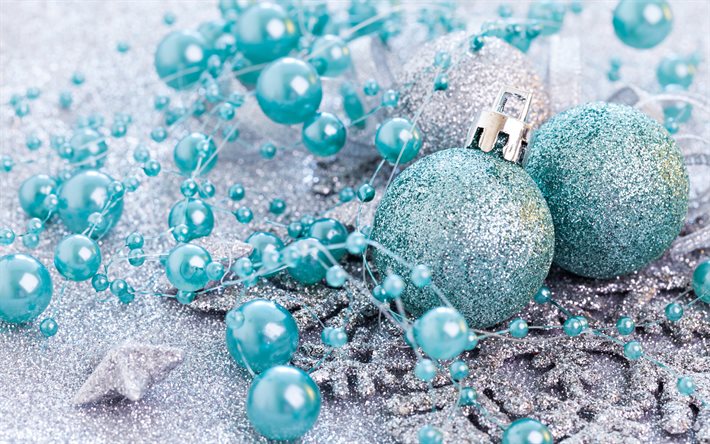 adornos navideños azules, oropel, bolas navideñas azules, purpurina, estrellas, adornos navideños, feliz año nuevo, conos, fondo navideño azul