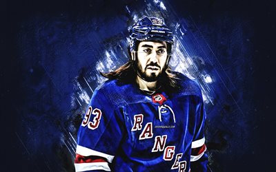 Mika Zibanejad, New York Rangers, NHL, portrait, Swedish hockey player, blue stone background, National Hockey League, USA, hockey