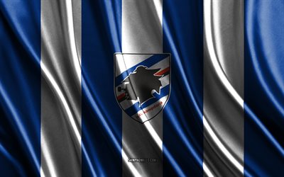 logotipo de uc sampdoria, la liga, textura de seda blanca azul, bandera de uc sampdoria, equipo de fútbol español, uc sampdoria, fútbol, ​​bandera de seda, emblema de uc sampdoria, españa, insignia de uc sampdoria