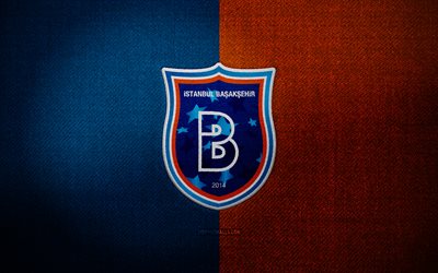 Istanbul Basaksehir badge, 4k, blue orange fabric background, Super Lig, Istanbul Basaksehir logo, Istanbul Basaksehir emblem, sports logo, turkish football club, Istanbul Basaksehir, soccer, football, Istanbul Basaksehir FC