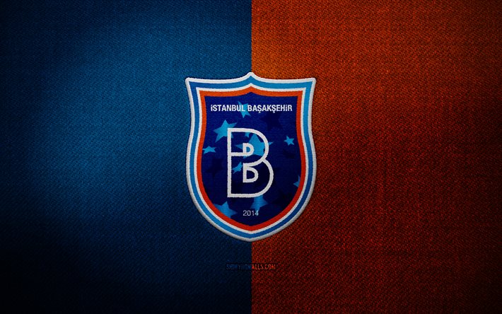 イスタンブール バサクシェヒル バッジ, 4k, 青オレンジ色の布の背景, スーパーリグ, イスタンブール basaksehir ロゴ, イスタンブール バサクシェヒルの紋章, スポーツのロゴ, トルコのサッカークラブ, イスタンブール バサクシェヒル, サッカー, フットボール, イスタンブール バサクシェヒル fc