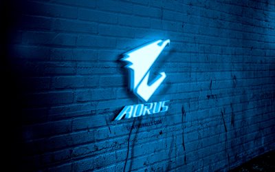 aorus 네온 로고, 4k, 파란색 벽돌 벽, 그런지 아트, 창의적인, 와이어에 로고, 오러스 블루 로고, 오러스 로고, 삽화, 오러스
