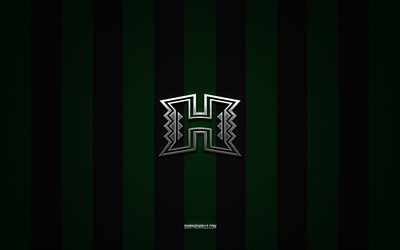 ハワイ レインボー ウォリアーズのロゴ, アメリカン フットボール チーム, ncaa, 緑の黒い炭素の背景, ハワイ レインボー ウォリアーズのエンブレム, フットボール, ハワイ レインボー ウォリアーズ, アメリカ合衆国, ハワイ レインボー ウォリアーズのシルバー メタルのロゴ