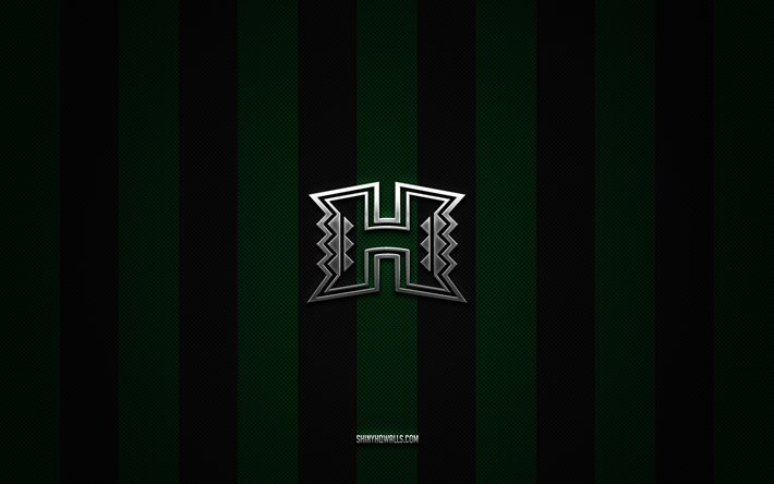 ハワイ レインボー ウォリアーズのロゴ, アメリカン フットボール チーム, ncaa, 緑の黒い炭素の背景, ハワイ レインボー ウォリアーズのエンブレム, フットボール, ハワイ レインボー ウォリアーズ, アメリカ合衆国, ハワイ レインボー ウォリアーズのシルバー メタルのロゴ