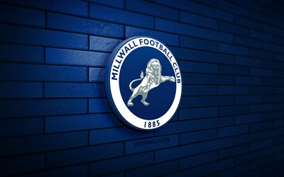 Millwall FC 3D logo, 4K, blue brickwall, Championship, soccer, english football club, Millwall FC logo, Millwall FC emblem, football, Millwall, sports logo, Millwall FC