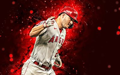 4k, mike trout, luci al neon rosse, los angeles angels, mlb, uniforme bianca, difensore centrale, mike trout 4k, baseball, sfondo astratto rosso, mike trout los angeles angels, la angels