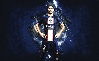 Achraf Hakimi, PSG, Moroccan football player, portrait, blue stone background, Paris Saint Germain, Ligue 1, France, football