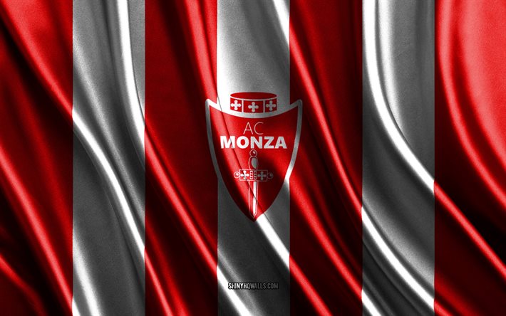 acモンツァのロゴ, セリエa, 赤白絹のテクスチャ, acモンツァの旗, イタリアのサッカー チーム, acモンツァ, フットボール, 絹の旗, acモンツァのエンブレム, イタリア, acモンツァのバッジ