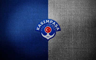 kasimpasa-abzeichen, 4k, blau-weißer stoffhintergrund, super lig, kasimpasa-logo, kasimpasa-emblem, sportlogo, türkischer fußballverein, kasimpasa, fußball, kasimpasa fc