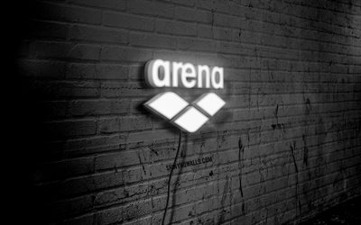 logo al neon dell'arena, 4k, muro di mattoni nero, arte del grunge, creativo, logo su filo, logo bianco dell'arena, logo dell'arena, opera d'arte, arena