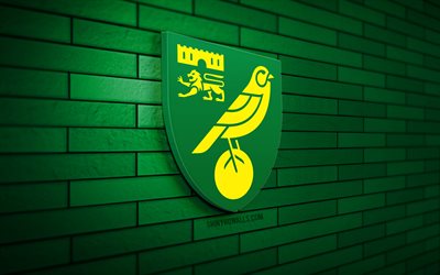 Norwich City FC 3D logo, 4K, green brickwall, Championship, soccer, english football club, Norwich City FC logo, Norwich City FC emblem, football, Norwich City, sports logo, Norwich City FC