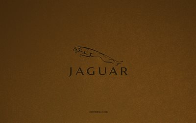 jaguar logosu, 4k, araba logoları, jaguar amblemi, kahverengi taş doku, jaguar, popüler otomobil markaları, jaguar işareti, kahverengi taş arka plan