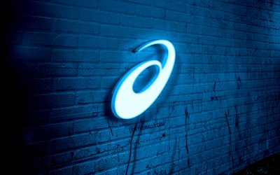 asics neon logo, 4k, mavi brickwall, grunge sanat, yaratıcı, tel üzerinde logo, asics mavi logo, asics logo, sanat eseri, asics