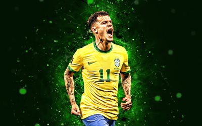 Philippe Coutinho, 4k, 2022, Brazil National Team, soccer, footballers, green neon lights, Philippe Coutinho Correia, Brazilian football team, Philippe Coutinho 4K
